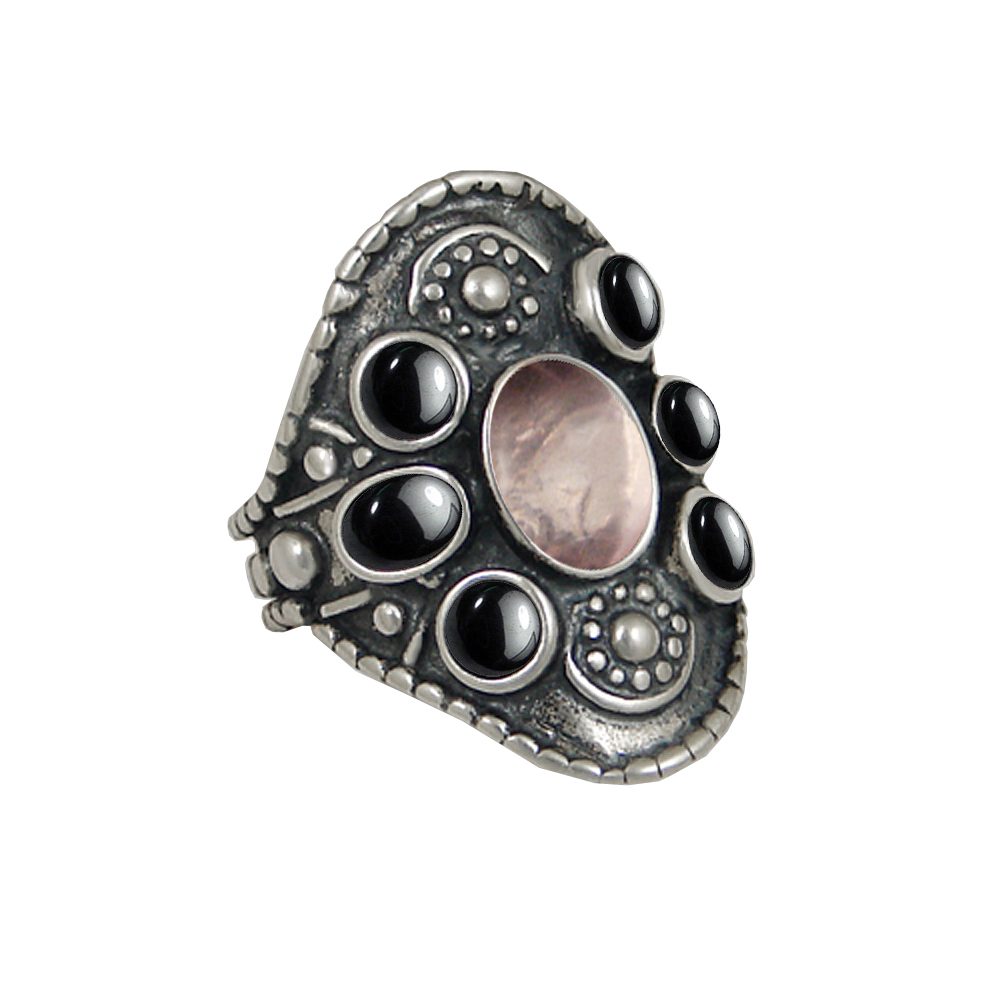 Sterling Silver High Queen's Ring With Rose Quartz And Hematite Size 8